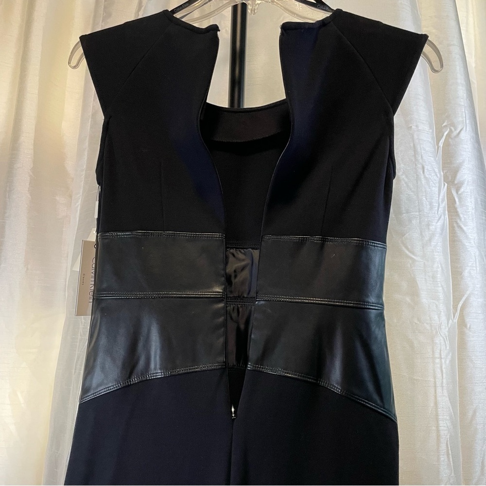 Calvin Klein NWT Black fitted midi length dress, vegan leather waist, size 4
